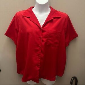 Susan Graver Red Boxy Button Down Shirt Sleek Short Sleeve